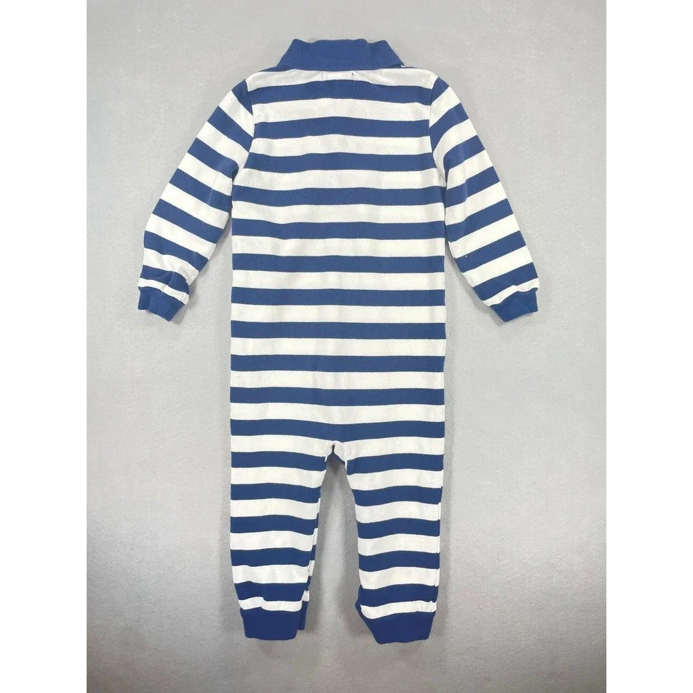 Ralph Lauren Baby Boy Cotton Piqué Polo Coverall Blue Stripe 18M